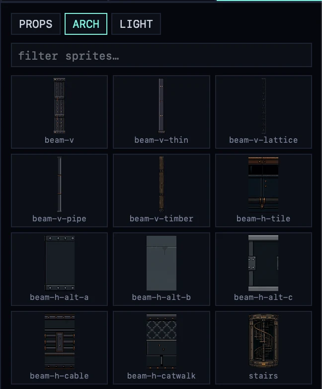 the architecture palette: beam families, catwalks and the stairs sprite