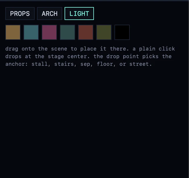 the light palette: seven glow colors plus black, drop point picks the anchor