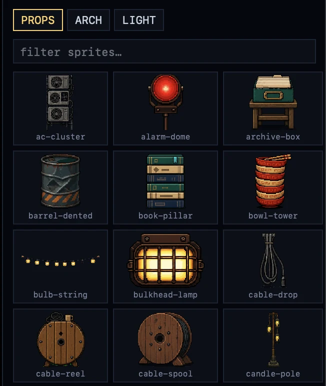 the props palette: keyed sprites in a filterable grid, ac-cluster to candle-pole