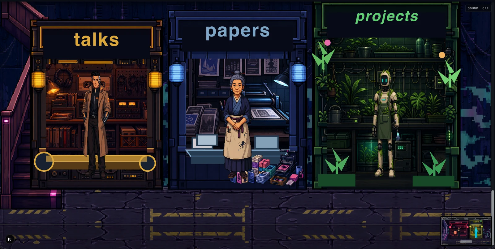talks, papers and projects: framed card stalls on one floor