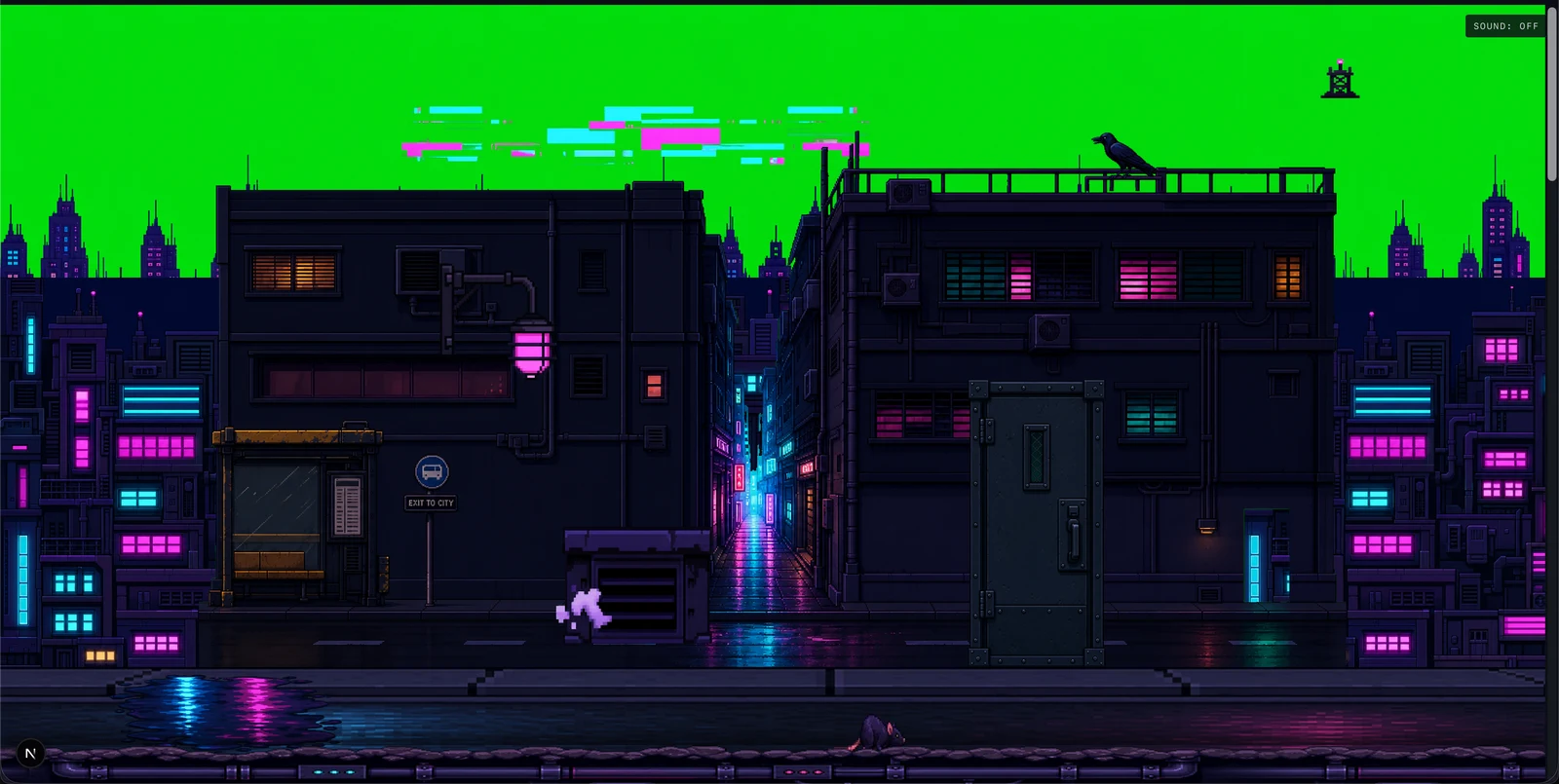 the street, its sky still raw chroma green