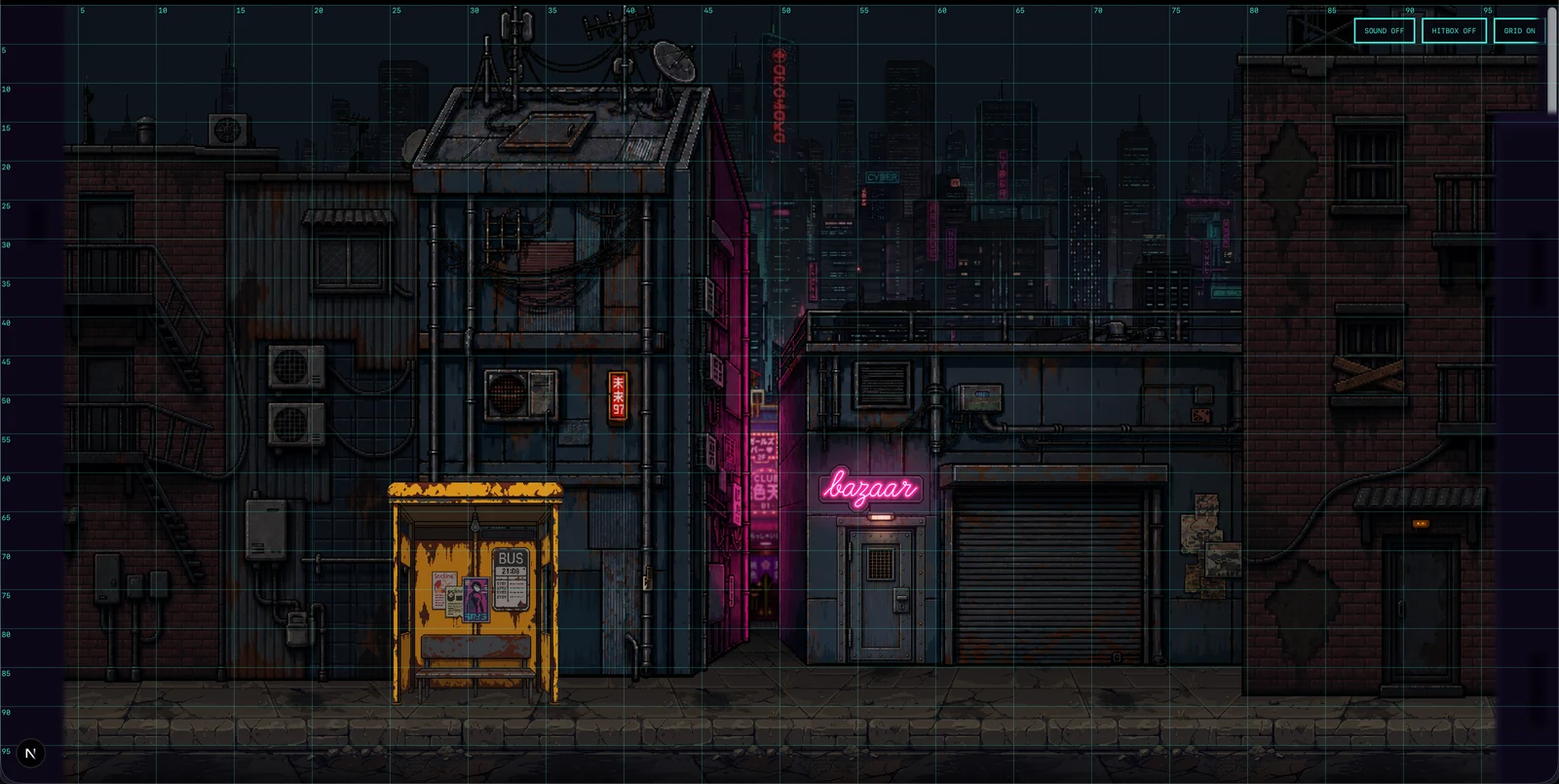 the street composition that survived: bus stop, alley, neon, door