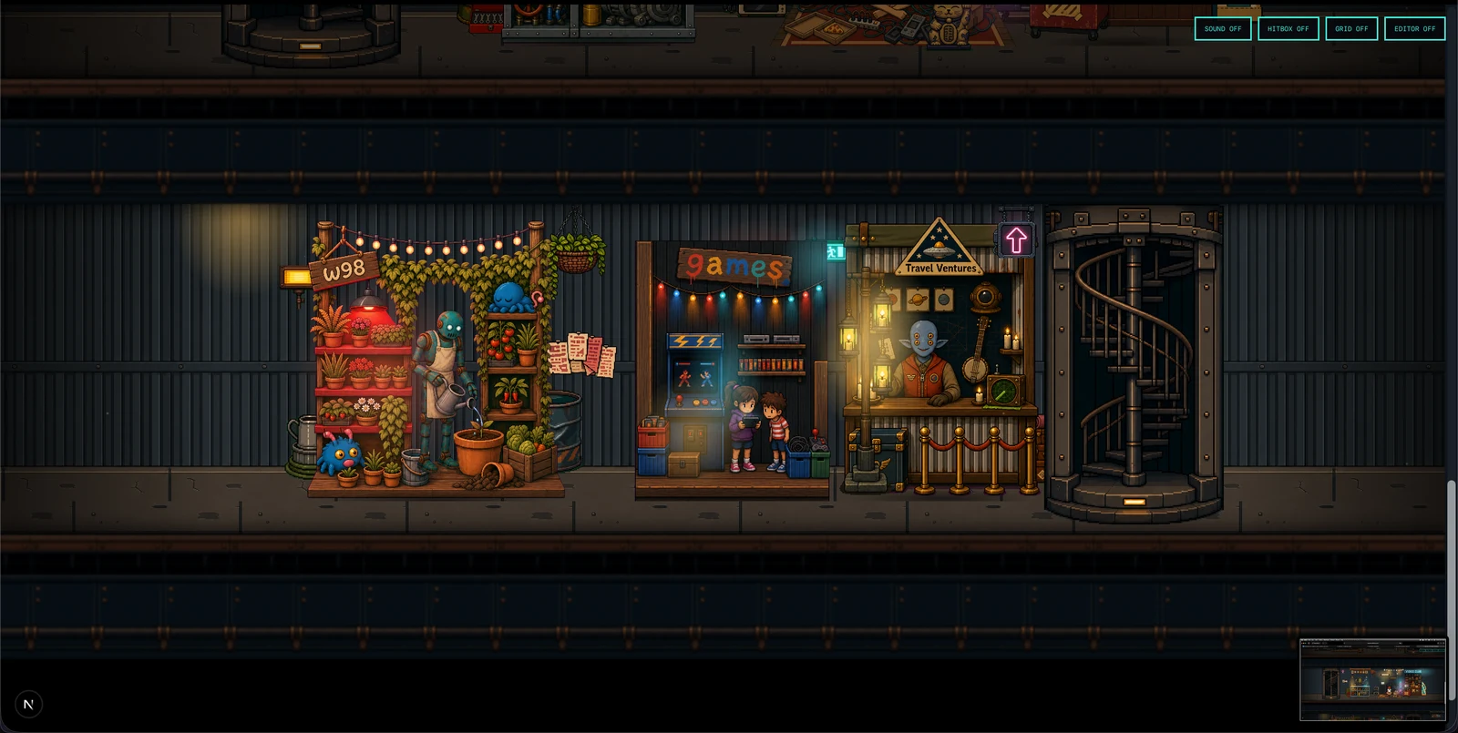 w98 and games on the walkway, the spiral stair drum to the right